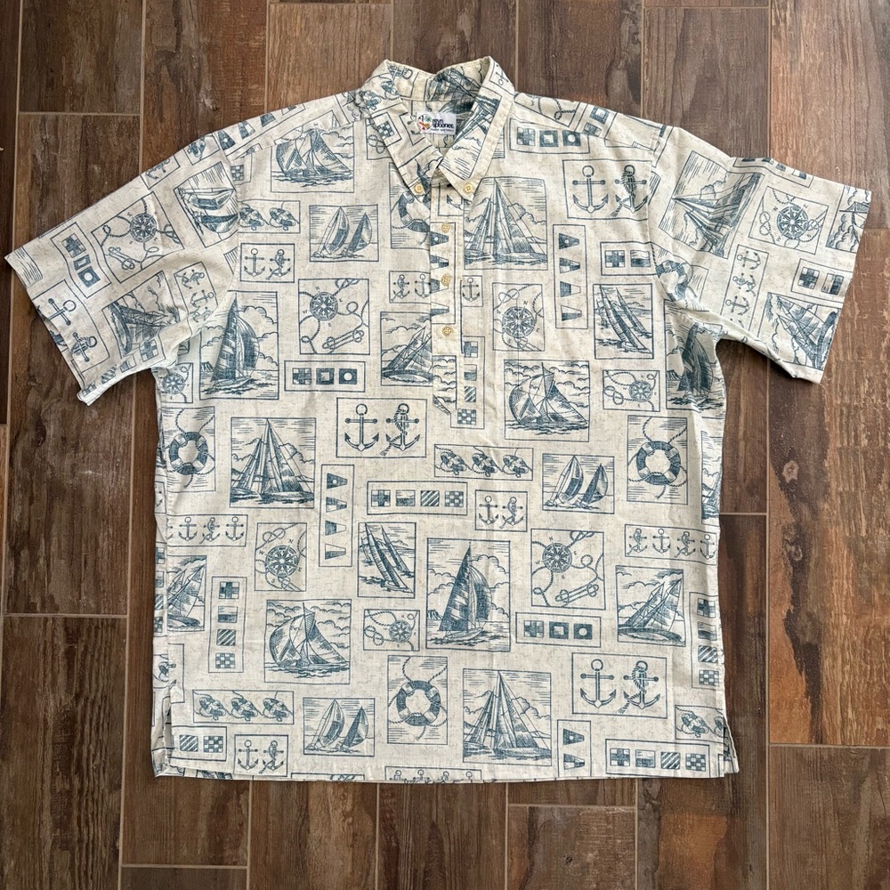Reyn Spooner Kloth Hawaiian Aloha Yacht Tapa Popover Shirt XXL Sailboat Nautical
